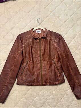 BKE Women's Cognac Brown Leather Zip Jacket